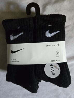 Youth Nike Black Dri-FIT Cushioned Crew Socks - 6 PAIR Kids SIZE 10C / 3Y